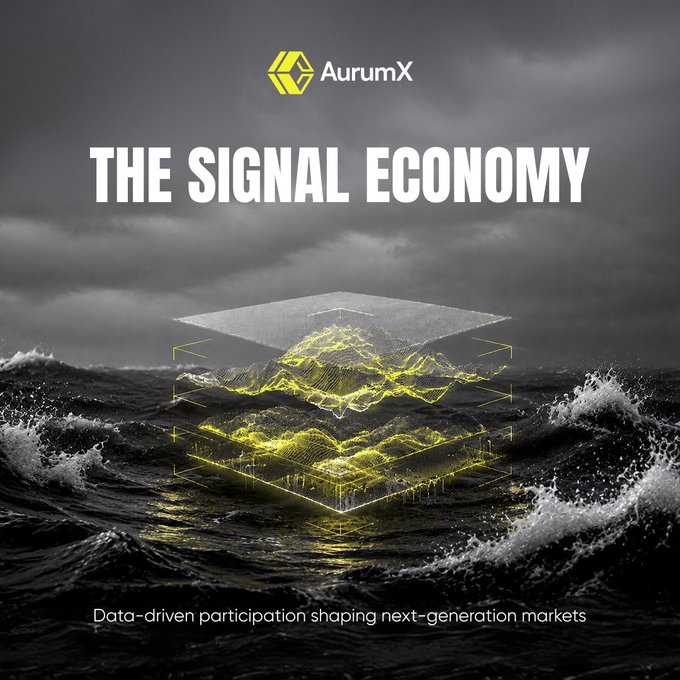 The image shows an ocean scene with a large wave crashing against the shoreline. The text "The Signal Economy" is written above the wave, which appears to be a metaphor for the importance of signals in today's financial landscape. The phrase "Data-driven participation shaping next-generation markets" suggests that data and information are driving the evolution of financial markets. This post seems to be discussing how information can become a valuable asset in the financial world, just like any other tradable asset.
