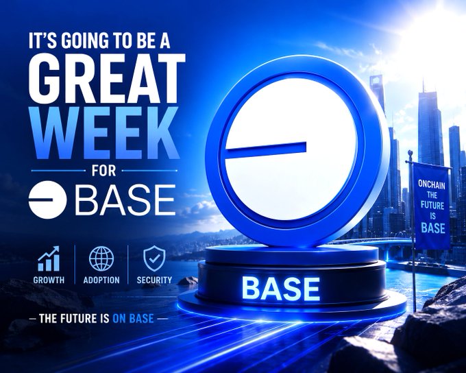 The image features a large blue circle with white text that reads "It's going to be a great week for Base". The base is located at the bottom of the image, surrounded by rocks and buildings. There are also several other elements in the image, including a banner on the right side and a city skyline backdrop featuring tall buildings.