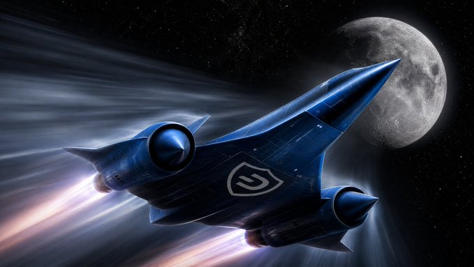 A blue futuristic spaceship featuring a 'G' logo flying past the moon in outer space, appearing to be digital artwork for the blockchain project Galxe.