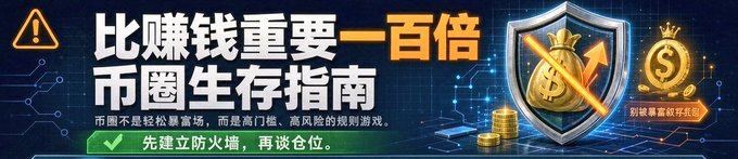 A bold promotional graphic featuring Chinese text "比赚钱重要一百倍" (100 times more important than making money) and "币圈生存指南" (Cryptocurrency Survival Guide), with imagery of a protective shield crossed out over a money bag and a golden dollar coin, visually warning about the high-risk nature of the crypto market. The design reinforces the post's question "为什么不能免费带人赚钱?" (Why can't I help others earn money for free?) by emphasizing that survival skills and risk protection are far more critical than profits in the volatile crypto space.