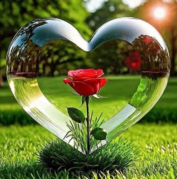 A red rose sits on grass in the center of a transparent heart-shaped sculpture, set against a sunlit green garden background.
