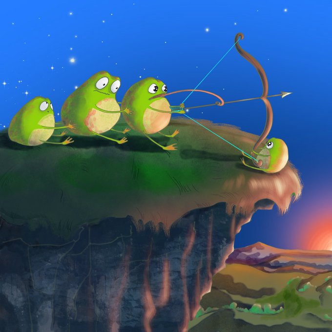 Four cartoon frogs stand in a line atop a cliff under a starry sky, with the last frog pulling back a bow and arrow—poised to shoot off the edge—symbolizing the team's bold ambition to "set the bar high and dominate" as mentioned in the $FROGHOOD video announcement.