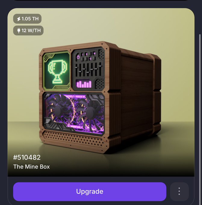 An app interface showing a wooden 'Mine Box' (#510482) with specs 1.05 TH and 12 W/TH, featuring purple-lit fans and an 'Upgrade' button.