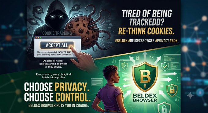 Promotional graphic for 'BELDEX BROWSER' advocating privacy with the slogans 'TIRED OF BEING TRACKED? RE-THINK COOKIES.' and 'CHOOSE PRIVACY. CHOOSE CONTROL.', alongside hashtags #BELDEX #BELDEXBROWSER #PRIVACY #BDX.