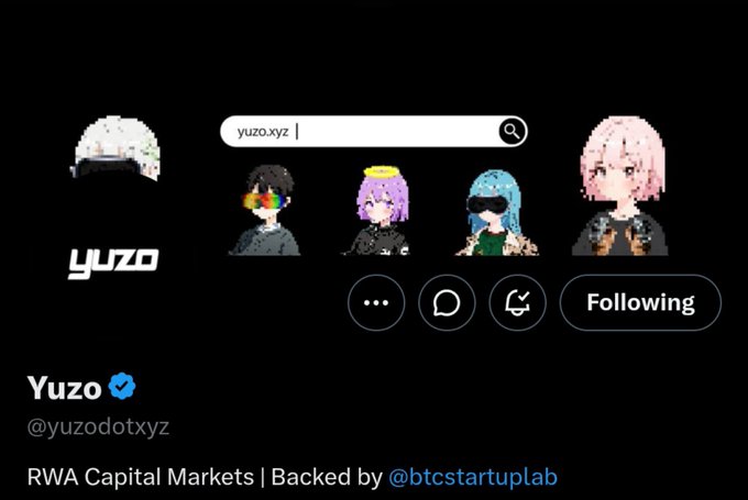 A Twitter/X profile for 'Yuzo' (@yuzodotxyz) shows pixel art avatars with the bio 'RWA Capital Markets | Backed by @btcstartuplab'.