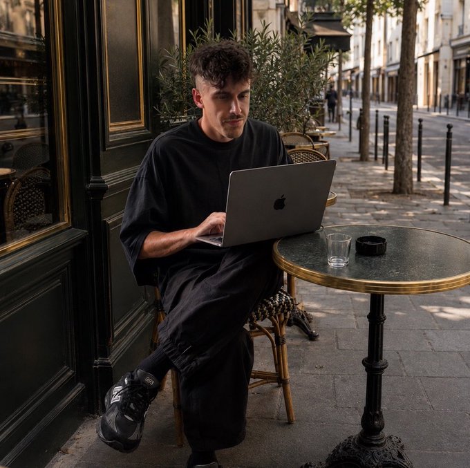 A young man in a black oversized t-shirt and dark pants works on a MacBook laptop at a Parisian sidewalk café table, with an empty glass beside him.