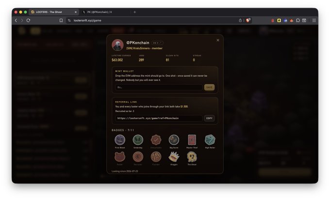 Screenshot of a web browser showing a loot box dashboard for user @PKonchain on boosterfi.xyz, displaying live prices of $63,002, a mint wallet section, referral link, and a collection of 7/11 earned badges.