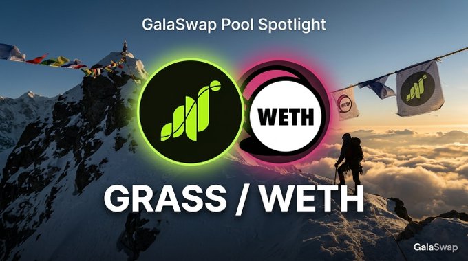 A promotional graphic for "GalaSwap Pool Spotlight" titled "GRASS / WETH" shows two token logos—a green plant icon and a "WETH" circle—superimposed over a mountain climber at snowy summit with prayer flags. The image visually reinforces the post's highlighting of the GRASS/WETH liquidity pool on GalaSwap.