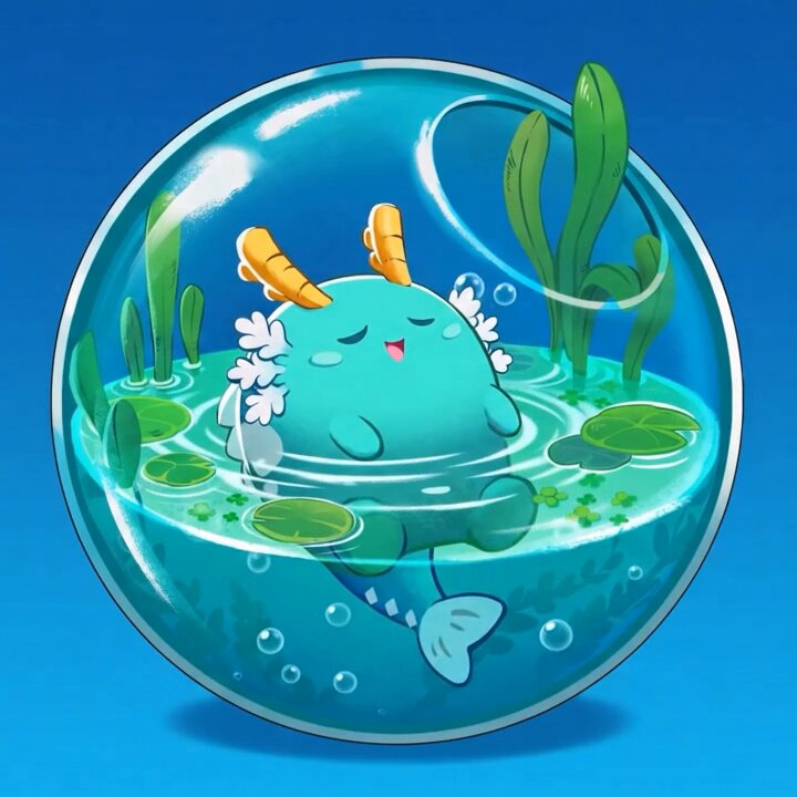 The image features a blue glass terrarium with a small fish swimming inside, surrounded by green plants. The fish appears to be sleeping or floating near the top of the terrarium. The background color of the image is blue, which complements the fish's color and adds to the overall visual appeal of the scene.