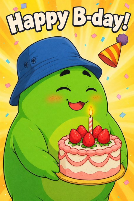 A cartoon illustration of a smiling green blob character wearing a blue bucket hat and holding a strawberry birthday cake with a single lit candle, under the text 'Happy B-day!' with confetti and a party hat.