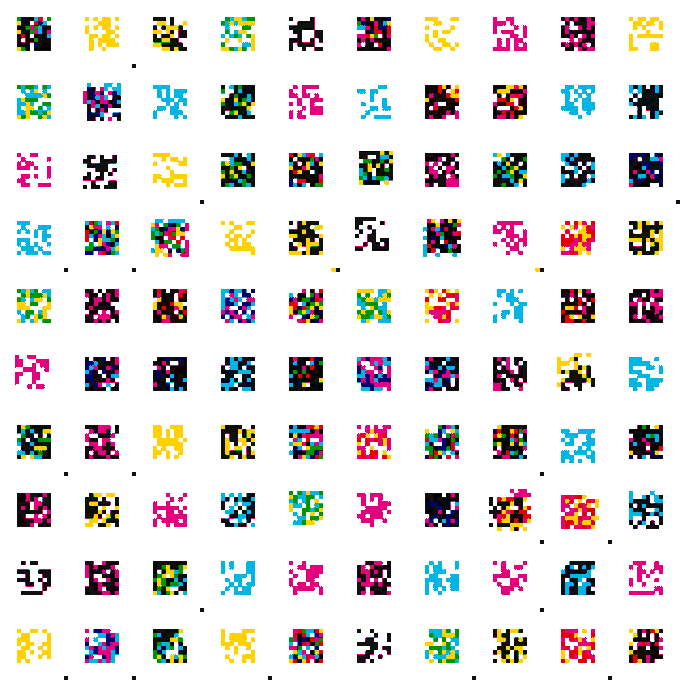 A grid pattern of colorful pixel-art characters, each appearing to be a small unique design in various bright colors.