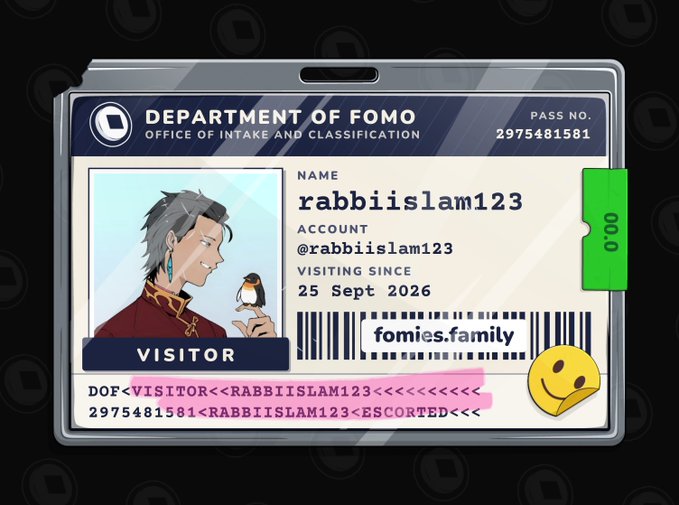 A digital ID badge labeled 'DEPARTMENT OF FOMO - OFFICE OF INTAKE AND CLASSIFICATION' for visitor 'rabbiislam123' with pass number 2975481581, featuring an anime-style character avatar.