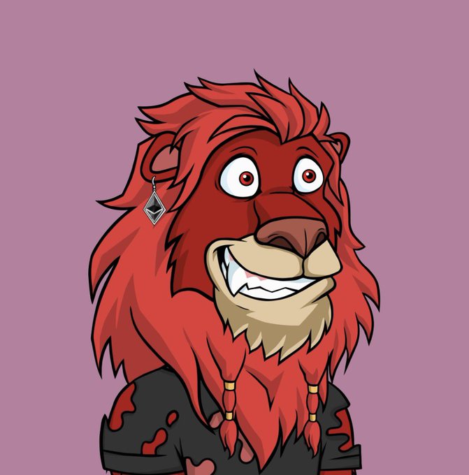 A digital illustration of a red-maned lion-like anthropomorphic character with braided hair, a diamond-shaped earring, sharp teeth, and a black shirt with red patterns, set against a mauve background.