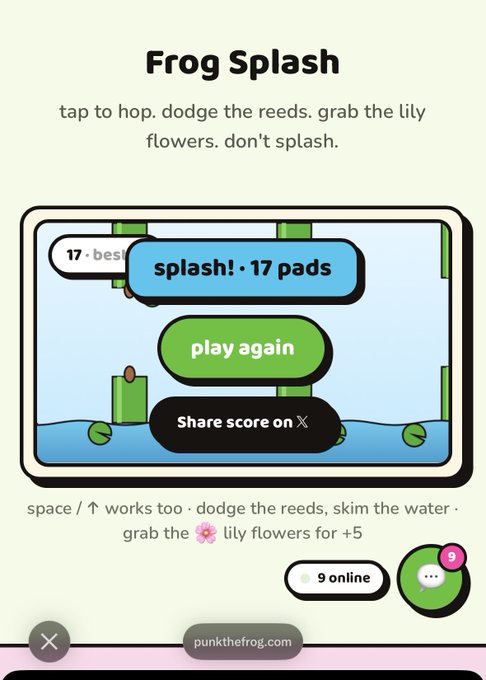 A game-over screen for "Frog Splash" shows the player scored 17 pads with prompts to "play again" or "Share score on X," directly reflecting the poster's challenge to beat their score of 17. The cheerful interface, featuring a pond scene with lily pads, matches the playful "punkthefrog.com" branding.