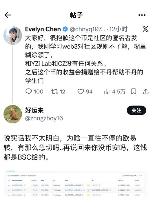 The image shows a social media thread where Evelyn Chen (@chnyq107) posts an apology explaining that an anonymous community member launched a meme token, which she launched unknowingly due to unfamiliarity with Web3 rules, clarifying it has no relation to YZi Lab or CZ, with proceeds to be donated to help Bhutanese students. Below, user @zhngzhoy16 questions the constant promotion of such tokens, asking "why do they keep promoting and trading" and noting "all this money is from BSC"—highlighting the community's growing skepticism toward memecoin promotions on the Binance Smart Chain, which aligns with the post's broader critique of BSC enabling a cycle of influencer-driven scams.