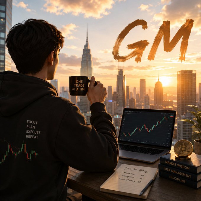 A trader in a "Focus, Plan, Execute, Repeat" hoodie sips coffee from a mug reading "One Trade at a Time" while gazing at a sunset cityscape, with a laptop showing a bullish chart, a Bitcoin coin, and trading books beside a "Plan for Today" notebook. The hand-painted "GM" in the sky ties into the post's motivational reminder that patience and discipline—not guessing market turns—build lasting success.