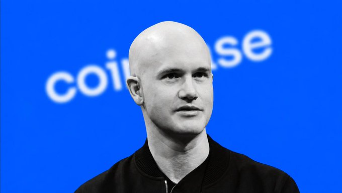 Brian Armstrong, CEO of Coinbase (as suggested by the partial "coinbase" text in the blue background), is shown in black-and-white portrait, visually reinforcing his Bitcoin $400K by 2030 prediction outlined in the accompanying post.