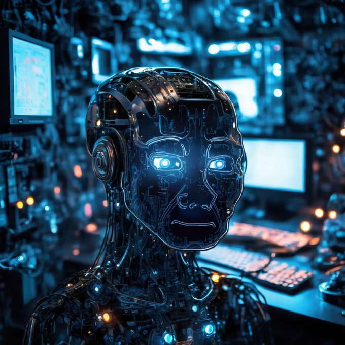 A glowing cybernetic robot head with transparent panels revealing intricate circuitry, glowing blue eyes, and orange accents, set against a high-tech workshop background with monitors and equipment.