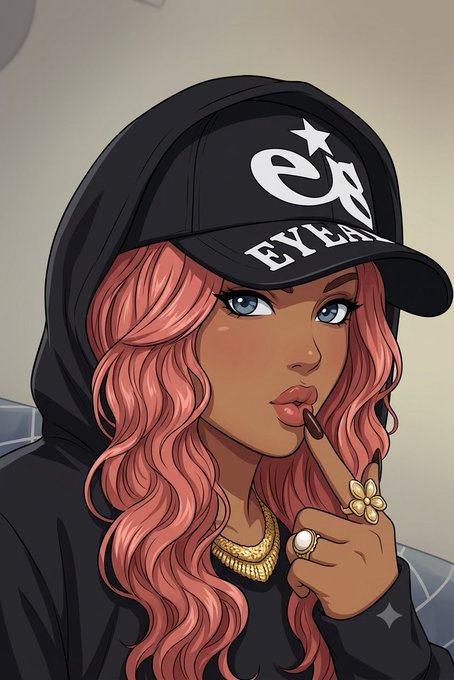A stylized illustration of a woman with pink hair wearing a black "EYELAND" cap and hoodie, accessorized with gold chains and a flower ring, holding a finger to her lips. The polished digital art serves as a sleek "goodnight" visual greeting to the CT (Crypto Twitter) community, complementing the message about NomismaNetwork's AI-ready on-chain infrastructure.