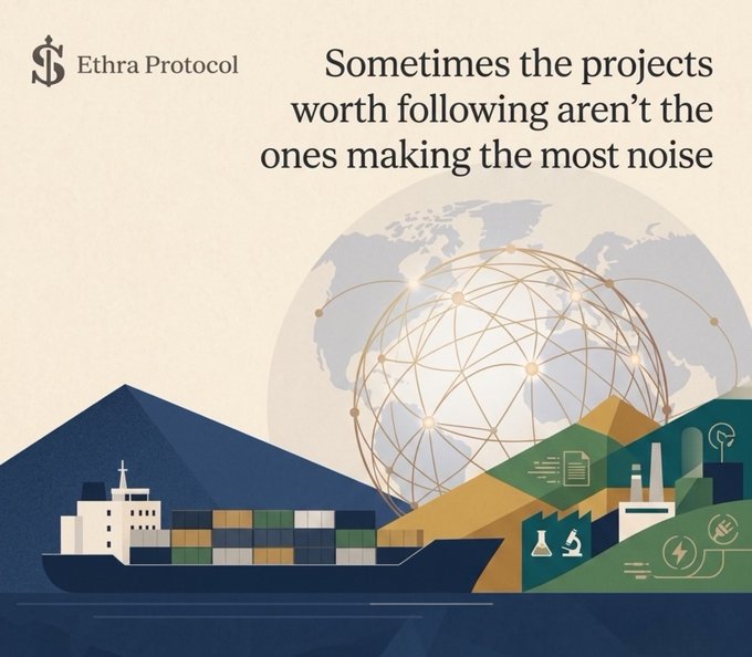 An Ethra Protocol promotional image featuring the tagline "Sometimes the projects worth following aren't the ones making the most noise," alongside illustrations of a container ship, industrial facilities, and a networked globe, visually reinforcing the post's emphasis on the project's quiet but meaningful focus on connecting blockchain with the maritime shipping industry.