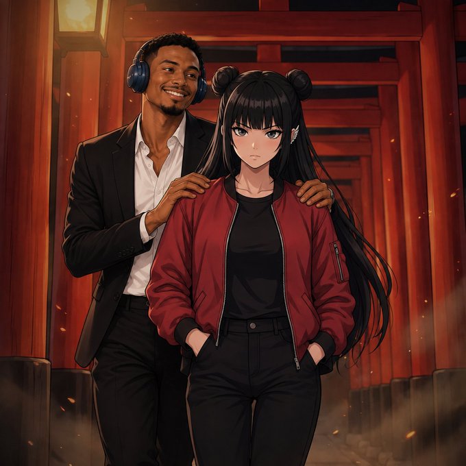 An anime-style illustration of a smiling man in a black suit wearing headphones standing behind a serious-looking woman with long black hair in twin buns, wearing a red jacket, set among red shrine torii gates.