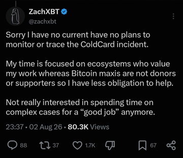 The image shows a tweet from ZachXBT (@zachxbt) dated August 2, 2026, at 23:37, with 80.3K views, 88 replies, 37 reposts, 1.7K likes, and 67 bookmarks. The tweet reads: "Sorry I have no current have no plans to monitor or trace the ColdCard incident. My time is focused on ecosystems who value my work whereas Bitcoin maxis are not donors or supporters so I have less obligation to help. Not really interested in spending time on complex cases for a 'good job' anymore."

The image directly relates to the post, as it captures ZachXBT publicly expressing frustration and a refusal to continue helping users—especially Bitcoin "maxis"—who he feels don't financially support his investigative work, illustrating the sentiment described in the caption about being burnt out from helping people who don't appreciate or support his efforts.