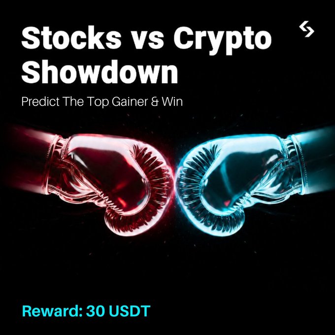 This image promotes the "Stocks vs Crypto Showdown" challenge by Bitget, offering a reward of 30 USDT to those who can predict the top gainer. The image directly relates to the competition by visually representing the "showdown" with boxing gloves and highlighting the prize.