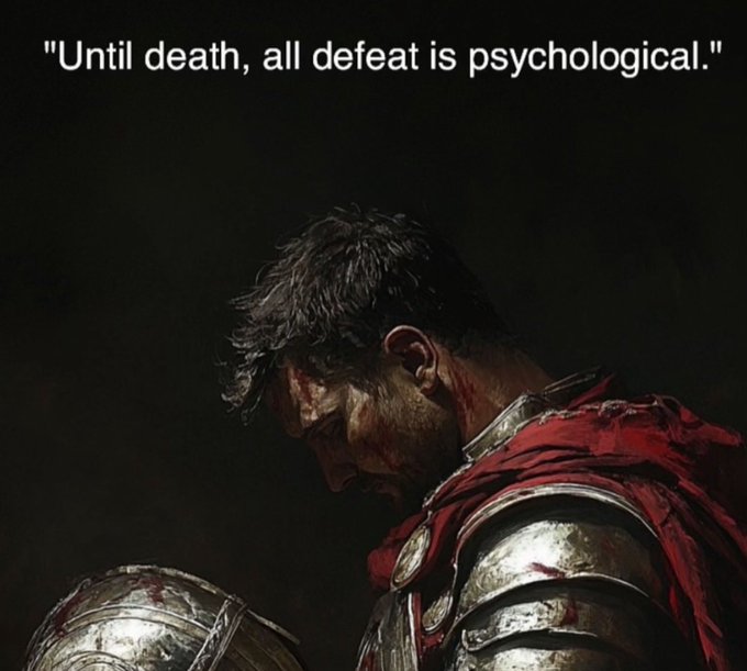 A dark, dramatic image of a wounded warrior in armor with his head bowed, featuring the text: 'Until death, all defeat is psychological.'