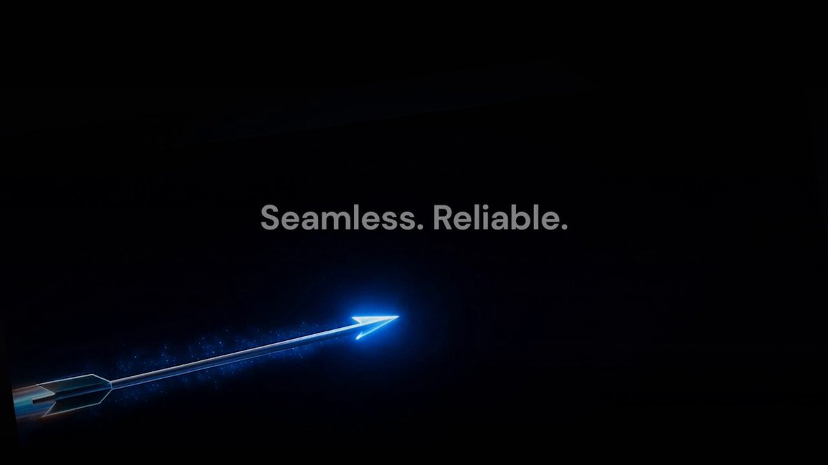 The image features a blue arrow with white text that says "seamless.reliable". The arrow is pointing towards the bottom right corner of the image. Below the arrow, there's some text that reads "Proud to be @lifiprotocol ' s Day 1 solver. Radius is live - solving and executing LI.FI cross-chain intents in real time." This message seems to be related to a product or service named "Radius".