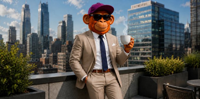An anthropomorphic monkey in a beige suit, purple cap, and sunglasses holds a coffee cup on a rooftop overlooking a city skyline.