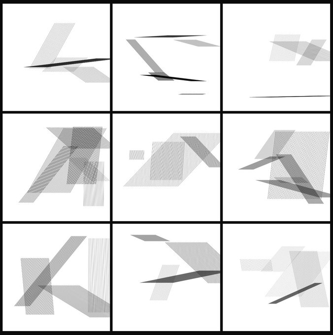 A grid of nine abstract minimalist artworks featuring gray geometric shapes, parallel lines, and shaded triangles on white backgrounds.