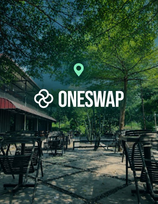 A logo overlay for 'ONESWAP' with a green location pin appears over an outdoor patio setting with chairs and lush green trees.