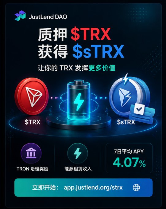 A promotional graphic for JustLend DAO advertising TRX staking with the text '质押 $TRX 获得 $sTRX' and showing a 7-day average APY of 4.07%.