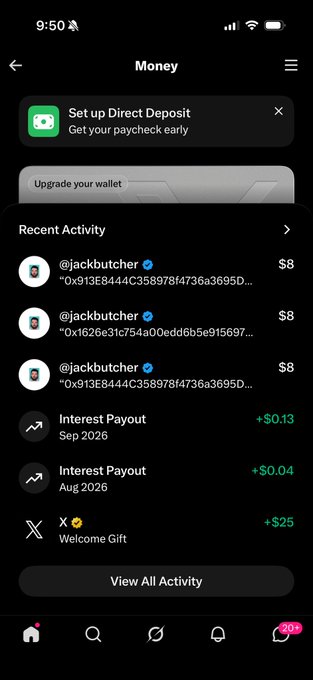 A mobile app screen showing 'Money' section with 'Set up Direct Deposit' option and Recent Activity listing transactions from @jackbutcher including $8 amounts, plus Interest Payouts (+$0.13 Sep 2026, +$0.04 Aug 2026) and a +$25 Welcome Gift.