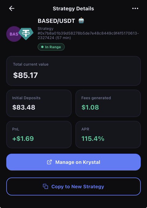 The image displays an open trading app that allows users to track their cryptocurrency investments, such as Bases and Ethers (USDT), real time, and generate fees. The app provides detailed information about their LP performance, PnL (profit & loss), APR (annual percentage rate), and current range of the asset values in the portfolio. By using this tool, users can manage their cryptocurrency investments efficiently while staying informed about market trends and potential gains or losses from day-to-day trading activities.