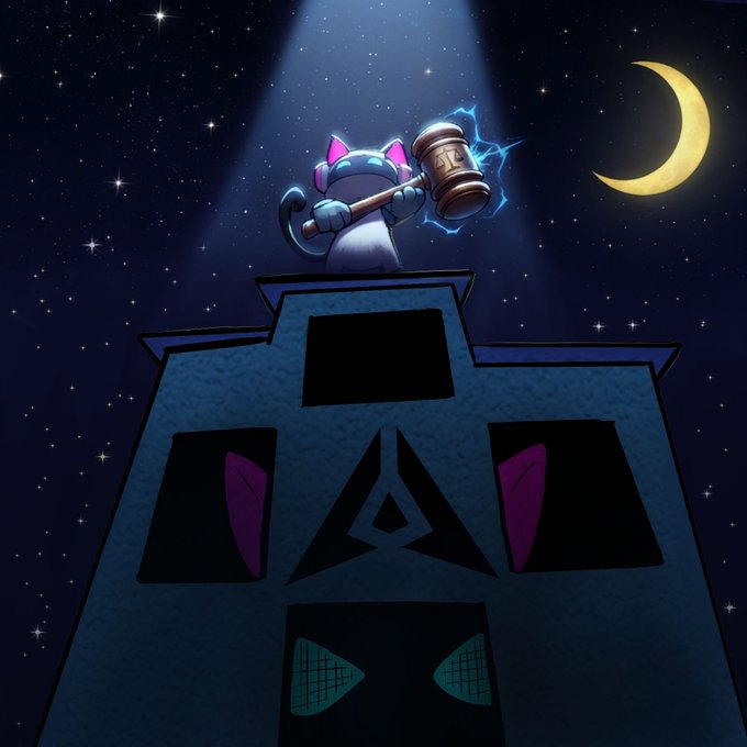 Mochi the cat judge stands atop a courthouse under a starry night sky, gavel raised with electrical energy crackling around it, ready to deliver a verdict for GenLayer's intelligent contracts that transcend simple code.