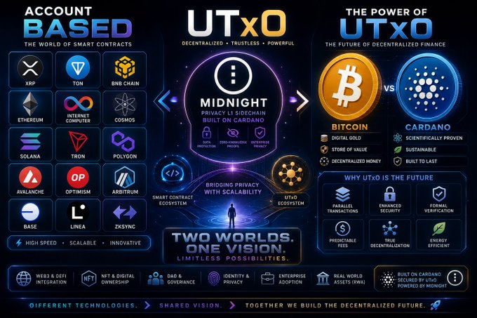 A promotional infographic for the 'Midnight' privacy sidechain and UTXO ecosystem by Cardano, showcasing account-based chains (XRP, TON, Ethereum, Solana, etc.) versus UTXO-based chains (Bitcoin vs Cardano) with the tagline 'TWO WORLDS. ONE VISION.'