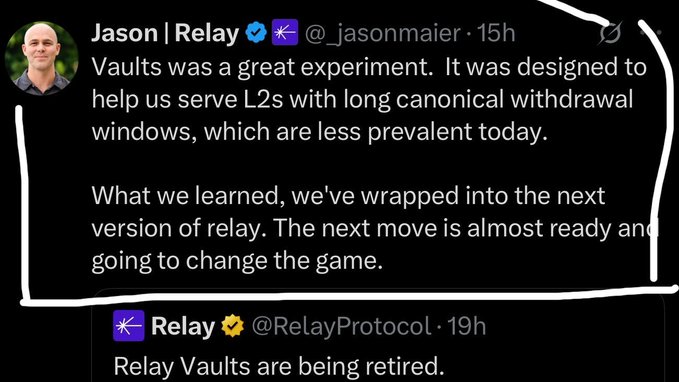 A tweet from Jason | Relay (@_jasonmaier) discussing the retirement of Vaults and what the team learned for the next version of relay.
