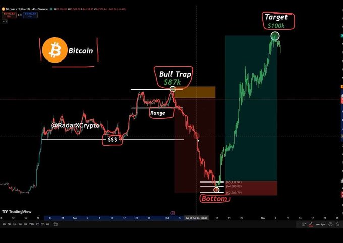 A Bitcoin (BTC) TradingView chart displays technical analysis with annotations marking a 'SSS' level, a 'Bull Trap $87K' range, a 'Bottom' near $65K, and a projected 'Target $100k'.