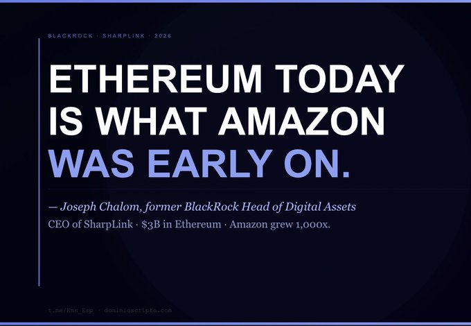 The image features a quote from Joseph Chalom, former head of digital assets at BlackRock Hedge Fund, written in blue text against a black background. The quote reads "Ethereum today is what Amazon was early on." This quote seems to be related to the discussion about Bitcoin and Ethereum's relationship with Amazon.