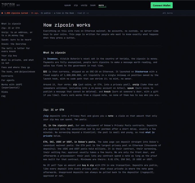 A webpage titled 'How zipcoin works' on the zipcoin.mov site, explaining the functionality of the zipcoin ZC or ETH system on the Ethereum mainnet.