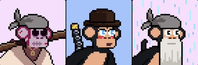 Pixel art featuring three monkey characters: a purple skeleton-like monkey with sunglasses on the left, a brown monkey in a hat with a gun in the middle, and a white bearded monkey in the rain on the right.