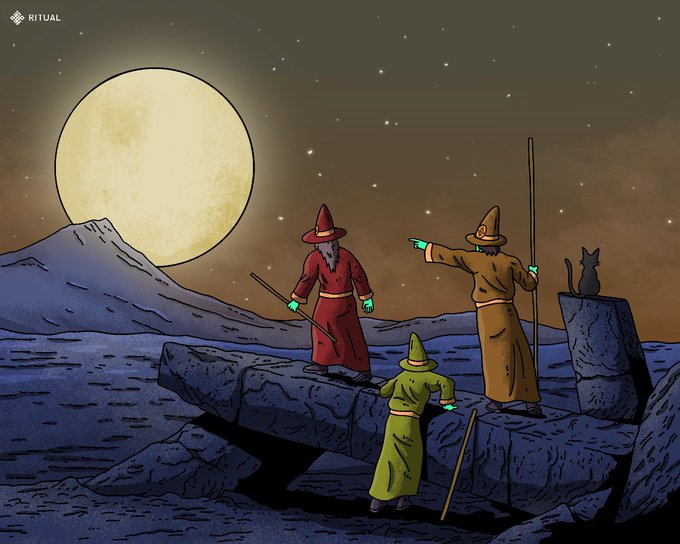 An illustration labeled 'RITUAL' shows three robed figures and a cat on rocky terrain under a large full moon and starry sky, with one figure pointing while holding a staff.