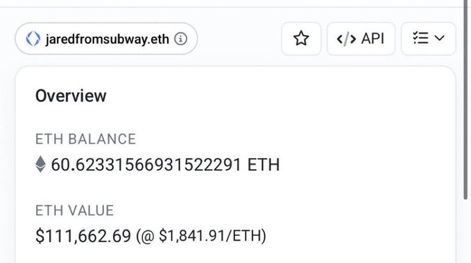 The image shows an Etherscan wallet overview for "jaredfromsubway.eth" displaying an ETH balance of 60.623315669315222291 ETH valued at $111,662.69. The wallet's substantial holdings support the post's promise to send $500 worth of ETH to two people.