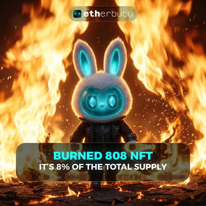 A flaming rabbit NFT character with glowing cyan accents stands amidst a backdrop of intense fire, beneath the "etherbubu" logo, with a banner announcing "BURNED 808 NFT — IT'S 8% OF THE TOTAL SUPPLY," visually reinforcing the milestone of 808 NFTs burned in the etherbubu project.