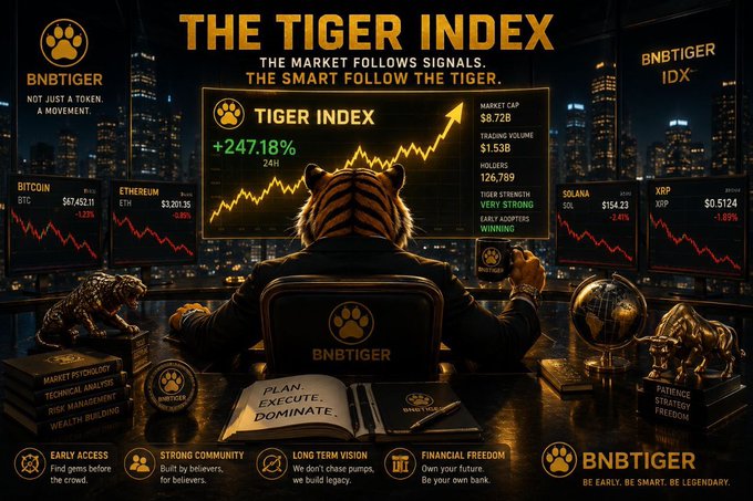 The image features a poster for "The Tiger Index". The poster has an illustration of a tiger sitting behind a desk, with a city skyline visible through a window in the background. The text on the poster reads "The Tiger Index", "The market follows signals", and "The smart follow the tiger." There are also several other images related to the post, including a book titled "BNB" and a trophy labeled "BNBTiger".
