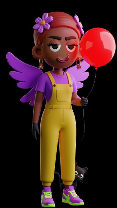 A 3D-rendered cartoon character with red hair, purple wings, and yellow overalls holds a red balloon, accompanied by a small black cat peeking out near her feet.