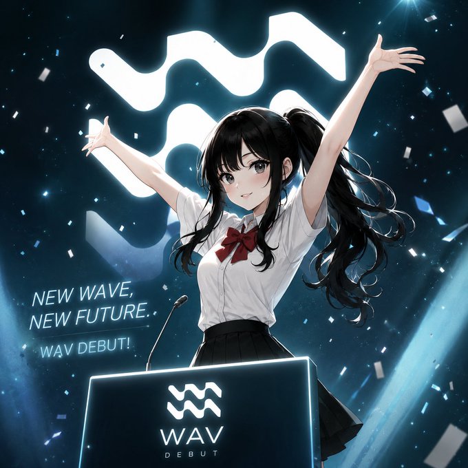 The image features a woman with long hair, dressed in a white shirt and red bow, standing behind a podium at an event. She has her arms raised high above her head, giving off a sense of excitement or celebration. The background of the image is dark blue, which contrasts nicely with the woman's attire and adds depth to the scene. There are also small white stars scattered throughout the image, adding a touch of whimsy and making it feel like she is standing in front of a starry night sky.