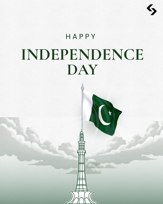 A Pakistan Independence Day graphic featuring the Pakistani flag waving atop the Minar-e-Pakistan monument with the text 'HAPPY INDEPENDENCE DAY' above it.