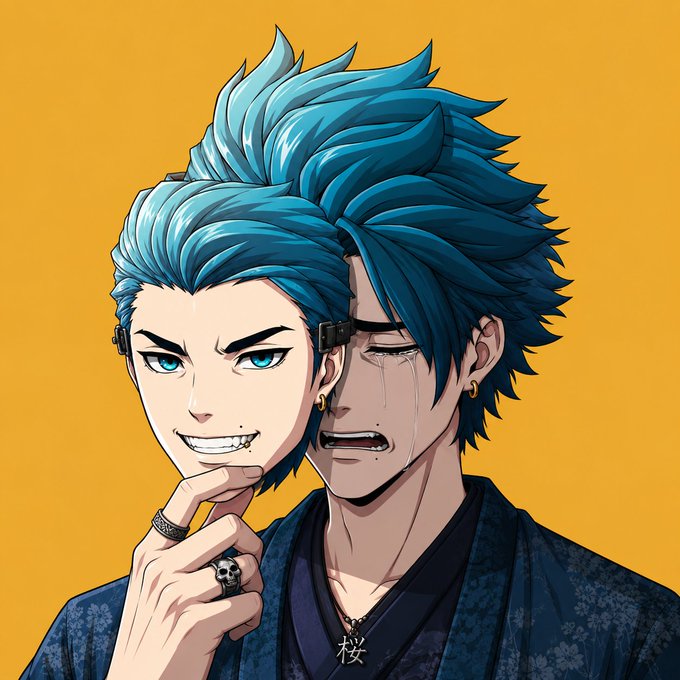 Anime-style illustration of a character with spiky teal-blue hair, shown with a dual expression—one half smiling confidently with a smirk, the other half crying with a tear running down the face.